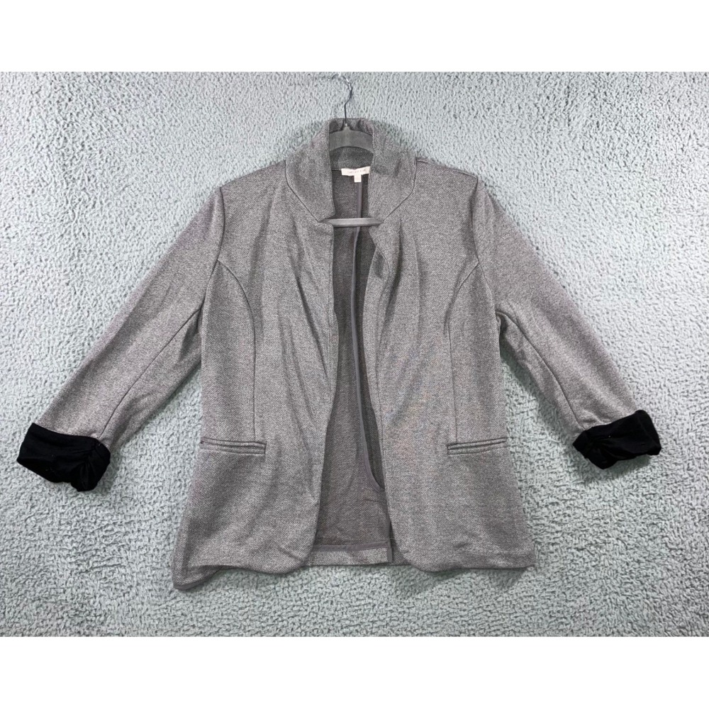 Skies Are Blue Blazer Jacket Women Large Collarless Open Front 3/4‎ Roll Sleeve